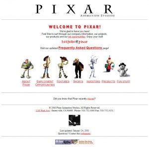 Webové stránky studia Pixar v roce 2001