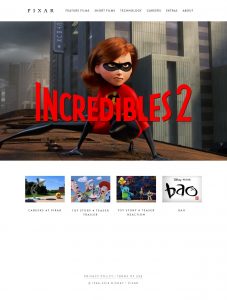 Webové stránky studia Pixar v roce 2018