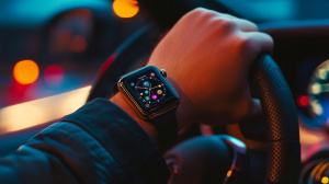 Muž sedící v automobilu s hodinkami Apple Watch (Ilustrační obrázek)