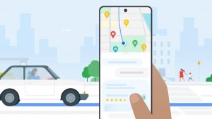 Grafika zobrazující chytrý telefon s Mapami Google