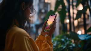 Žena hledící na chytrý telefon s Instagramem (ilustrační obrázek)