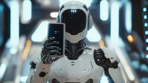 Robot držící chytrý telefon (ilustrační obrázek)