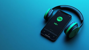 Chytrý telefon a sluchátka s aplikací Spotify (ilustrační obrázek)