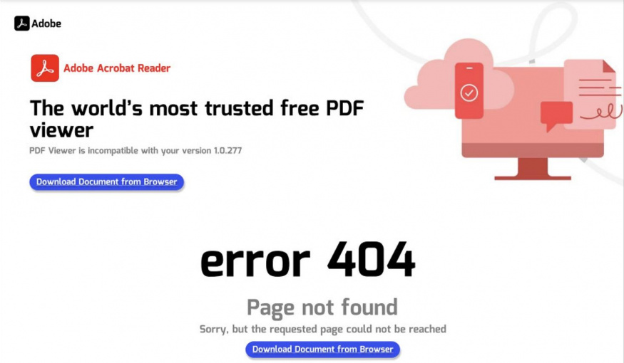 Návnada v podobě PDF souboru, který zobrazuje chybu a obsahuje škodlivý odkaz