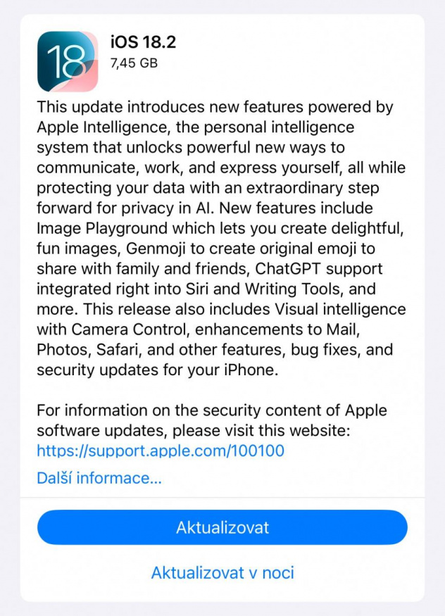 Aktualizace iOS 18.2
