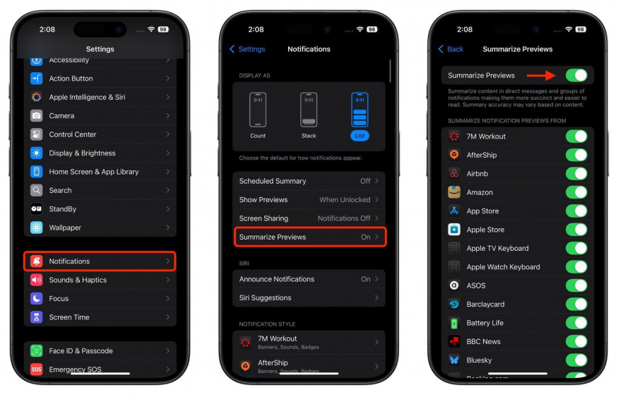 Vypnutí sumarizace notifikací pomocí Apple Intelligence
