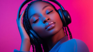 Žena poslouchá hudbu přes sluchátka na Spotify (ilustrační obrázek)