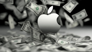 Logo společnosti Apple a padající bankovky