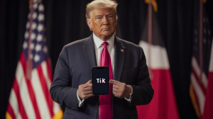 Donald Trump držící chytrý telefon s aplikací TikTok (ilustrační obrázek)