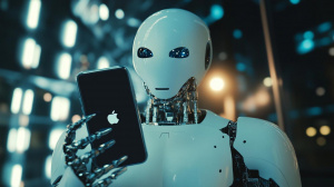 Robot držící chytrý telefon od Applu (ilustrační obrázek)