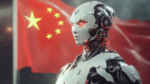 Robot před vlajkou Čínské lidové republiky (ilustrační obrázek)