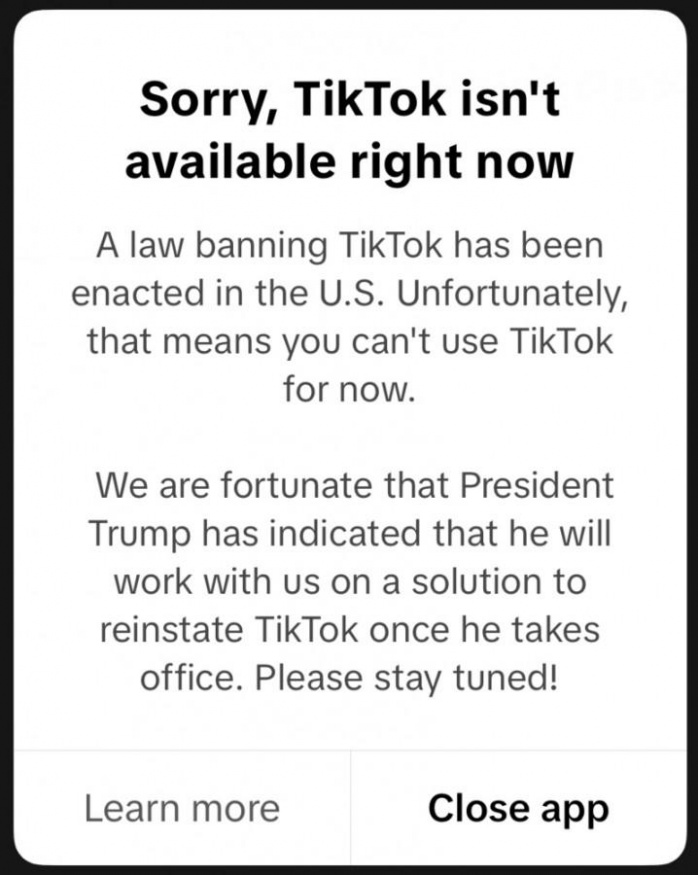 Zpráva informující o zákazu TikToku