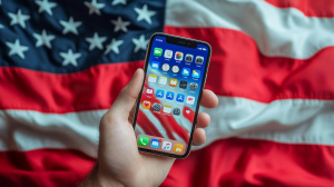 iPhone za americkou vlajkou (ilustrační obrázek)