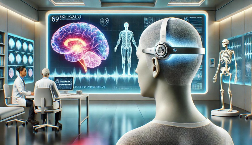 Futuristická lékařská ordinace s pacientem, na jehož hlavě je pokročilé zařízení pro neinvazivní stimulaci mozku pomocí ultrazvukové technologie (ilustrační obrázek)