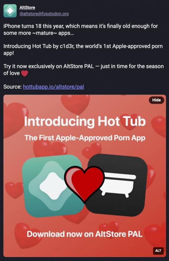 Příspěvek AltStore PAL na sociální síti Mastodon může působit zavádějícím dojmem Příspěvek AltStore PAL na sociální síti Mastodon může působit zavádějícím dojmem