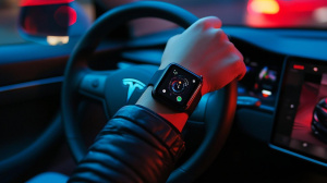Chytré hodinky Apple Watch na zápěstí řidiče Tesly (ilustrační obrázek)