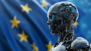 Robot před vlajkou Evropské unie (ilustrační obrázek)