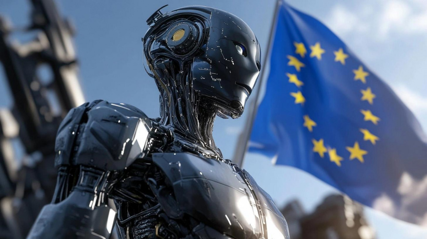 Robot stojící před vlajkou Evropské unie (ilustrační obrázek) Robot stojící před vlajkou Evropské unie (ilustrační obrázek)