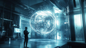 Vizualizace kvantové teleportace mezi dvěma kvantovými procesory v futuristickém výzkumném prostředí