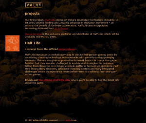 Webové stránky společnosti Valve Software v roce 1998