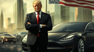 Americký prezident Donald Trump před elektromobilem Tesla (ilustrační obrázek)