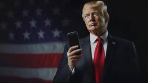 Prezident USA Donald Trump drží v ruce chytrý telefon (ilustrační obrázek)
