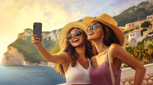 Dvě ženy si pořizují selfie na dovolené (ilustrační obrázek)