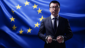 Číňan v poutech před vlajkou EU (ilustrační obrázek)