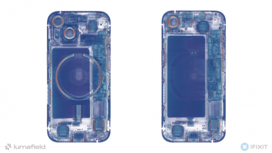 Pohled do útrob iPhonu 15 (vlevo) a novému iPhonu 16e (vpravo)