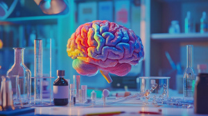 Ilustrace lidského mozku v laboratorních podmínkách