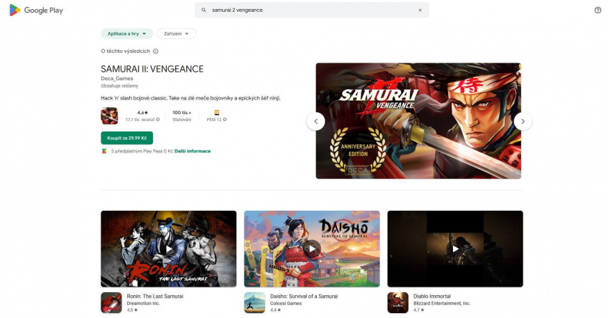 Google Play, vyhledávání Samurai Vengeance 2