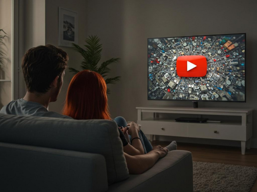 AI vizualizace páru sledujícího YouTube na televizní obrazovce AI vizualizace páru sledujícího YouTube na televizní obrazovce