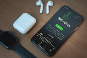 Smartphone s otevřenou aplikací Spotify