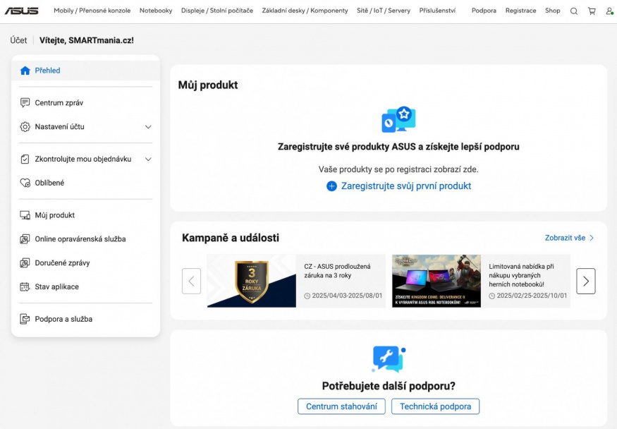 Screenshot z webové aplikace Asus Members