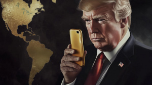 Americký prezident Donald Trump se zlatým chytrým telefonem (ilustrační obrázek)