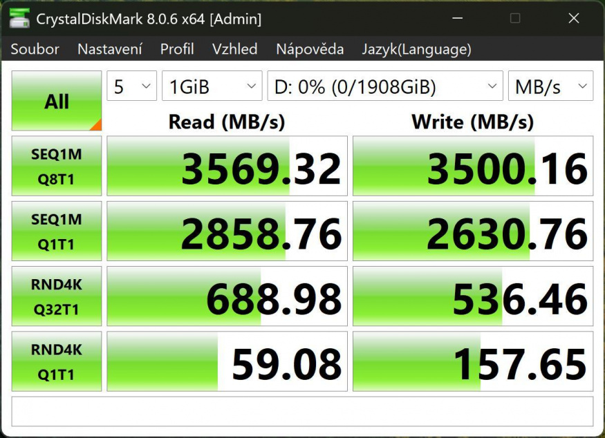 Výsledky benchmarku CrystalDiskMark