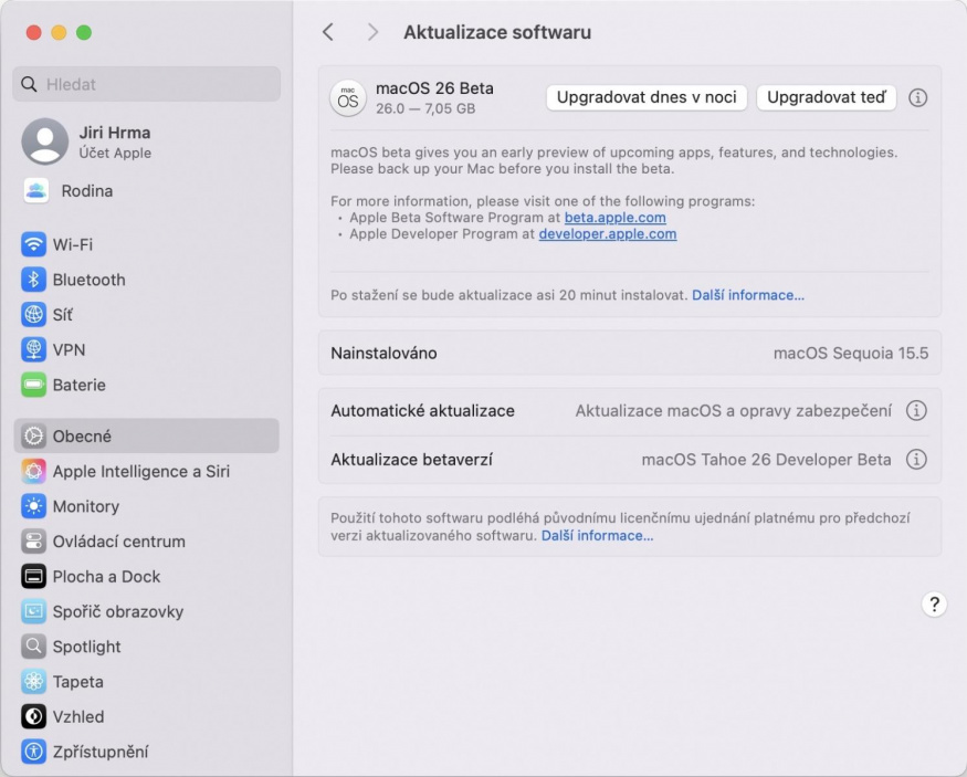 Aktualizace na macOS 26 "Tahoe" Developer Beta