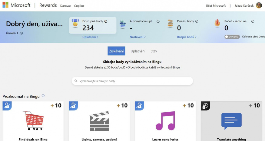 Úvodní obrazovka Microsoft Rewards