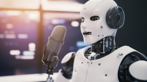 Robot sedící ve studiu za mikrofonem (ilustrační obrázek)