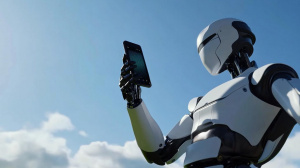 Robot držící v ruce chytrý telefon (ilustrační obrázek)