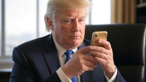 Americký prezident Donald Trump se zlatým chytrým telefonem (ilustrační obrázek)
