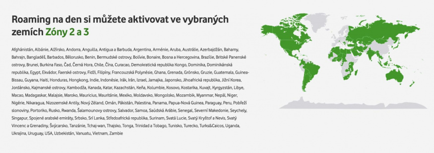 Roamingové zóny 2 a 3 podle Vodafonu