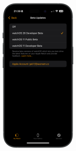 Výběr profilu beta verze watchOS 26