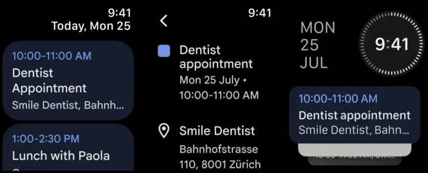Screenshoty z aplikace Google Kalendář pro Apple Watch