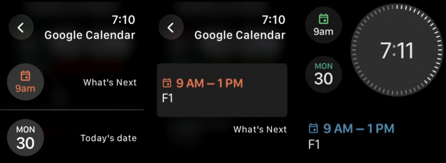 Screenshoty z aplikace Google Kalendář pro Apple Watch