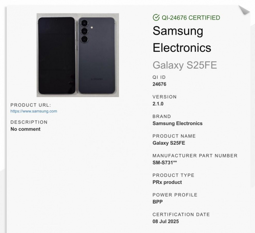 Záznam o Galaxy S25 FE v certifikaci WPC