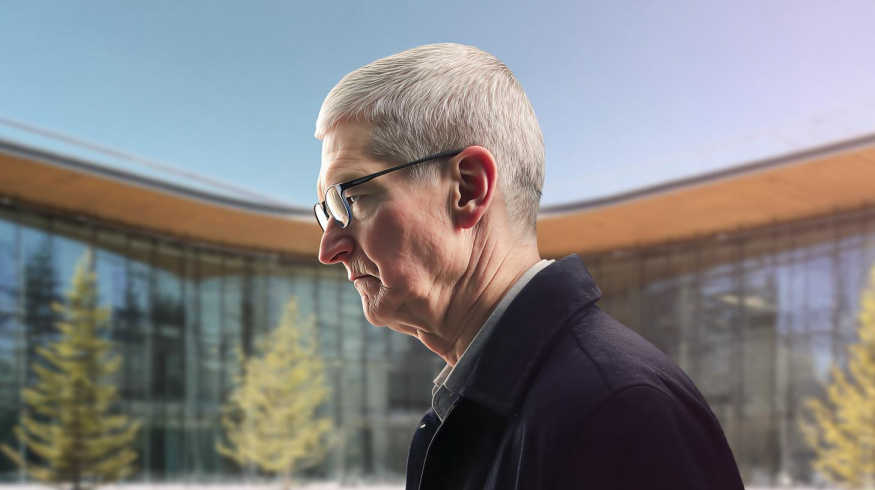 Smutný Tim Cook před sídlem Applu (ilsutrační obrázek) Smutný Tim Cook před sídlem Applu (ilsutrační obrázek)