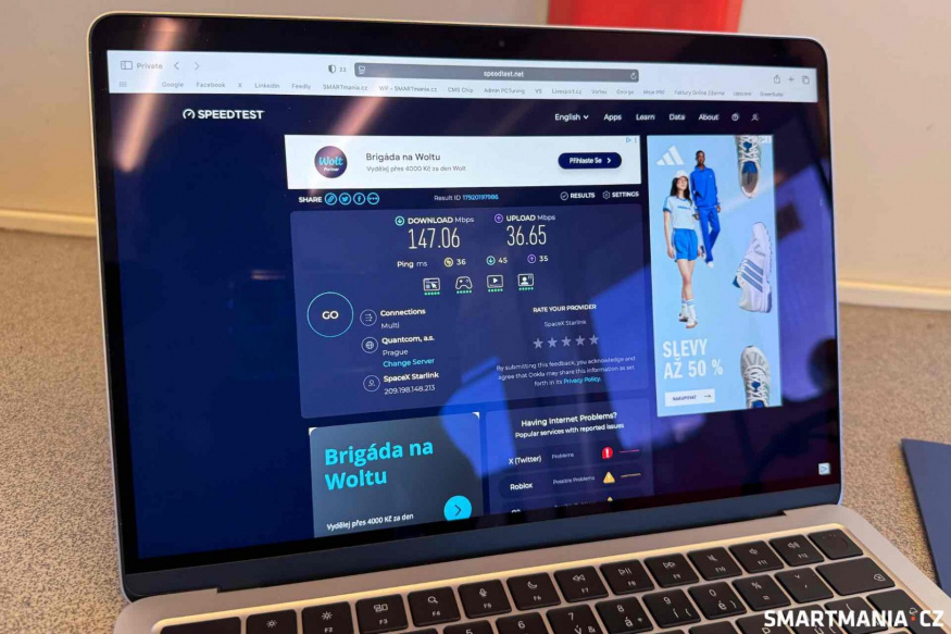 Měření uvnitř vlaku – 147 Mb/s