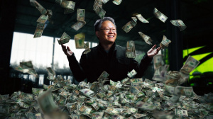 Generální ředitel Nvidie Jensen Huang obklopený penězi (ilustrační obrázek)