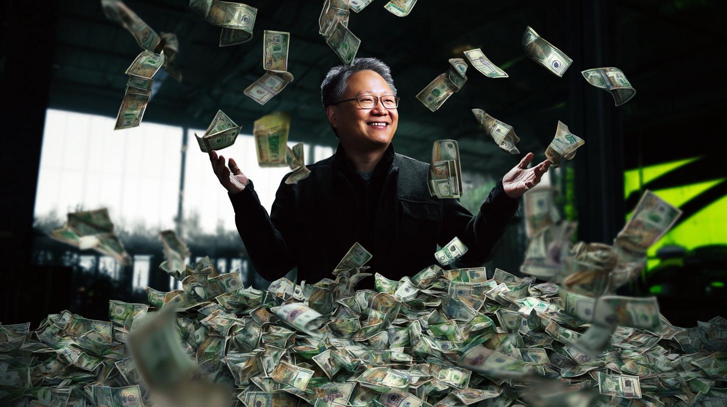 Generální ředitel Nvidie Jensen Huang obklopený penězi (ilustrační obrázek)
